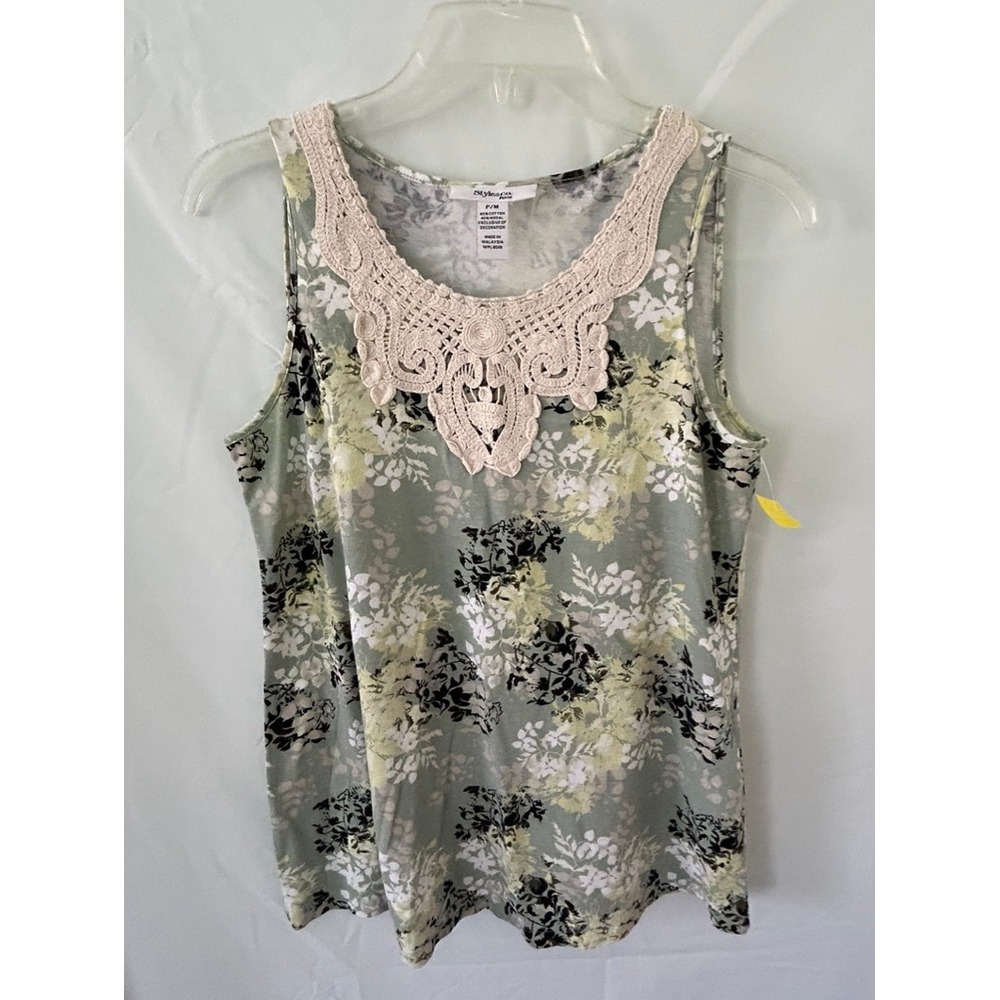 Style & Co Petite Womens Sage Green Floral Crochet Lace Neck Tank Top PM